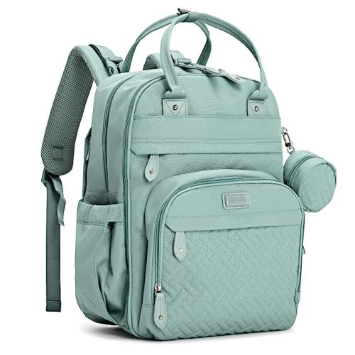 BabbleRoo Sage Green Unisex Baby Essentials Backpack - Spacious Diaper Bag with Changing Pad, Stroller Straps & Pacifier Case