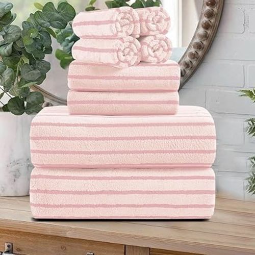 8 Pcs Pink Cabana Stripe Large Bath Towels Set Oversized Bath Sheet-2 Bathroom Towels,2 Hand Towels,4 Washcloths Soft Jumbo Absorbent Shower Towel Quick Dry Beach Chair Towel Spa Gym Hotel