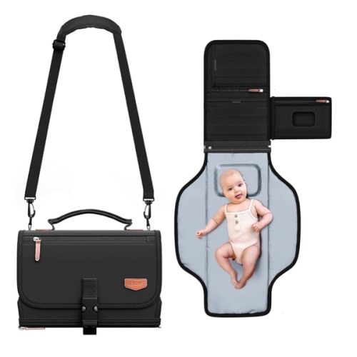 Portable Diaper Changing Pad with Shoulder Strap, Detachable Travel Changing Pad with Baby Wipes Pocket, Gifts for Baby Shower, Newborn Girls and Boys (Black)