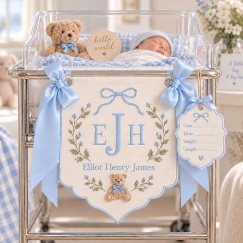 Personalized Embroidered Baby Name Banner, Blue Nursery Decor, Teddy Bear Keepsake