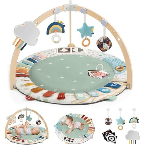 Blissful Diary Baby Play Gym & Activity Mat, 5 Developmental Zones Wooden Tummy Time Mat with 6 Detachable Sensory Toys for Motor Skills & Sensory Development, Baby Essentials Shower Gift, Green
