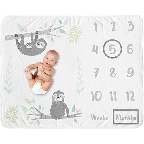 Sweet Jojo Designs Blue Jungle Sloth Boy Girl Milestone Blanket Monthly Newborn First Year Growth Mat Baby Shower Memory Keepsake Gift Picture - Aqua Turquoise Grey Green Tropical Botanical Rainforest