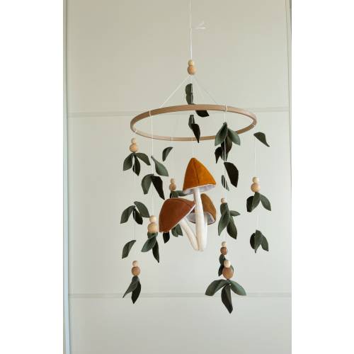 Forest-Themed Mushroom Baby crib Mobile, sage green nursery decor, baby shower gift for baby announcement