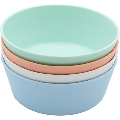 WeeSprout Bamboo Kids Bowls, Set of Four 10 oz Kid-Sized Bamboo Bowls, Dishwasher Safe Kid Bowls (Pastel Coral, Blue, Mint & Off White)