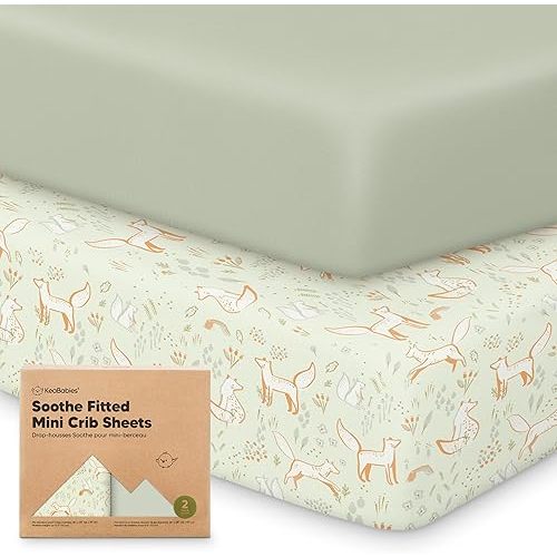 2-Pack Mini Crib Sheets Fitted - Pack N Play Sheets for Pack and Play Mattress, Organic Cotton, Soft & Breathable Jersey Playard Bedding, Neutral Mini Toddler Bed Cover for Boys, Girls (Foxtrot)