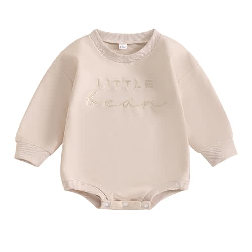 Lamuusaa Newborn Baby Girl Boy Clothes Little Bean Embroidery Romper Long Sleeve Bodysuit Crewneck Sweatshirt Fall Outfit