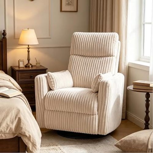 LINSY 220° Swivel Electric Power Recliner Chair, Corduroy Nursing Rocker with USB & Type-C, High Back Adult Comfort Chair with 2 Pillows, Space-Saving for Nursery, Bedroom, Living Room(Beige)