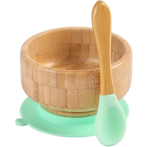 Baby Bamboo Bowls with Suction and Matching Spoon Set - 2PC Feeding Supplies Set for Infant, Toddlers - Detachable Silicone Suction Stay Put Base for Wooden Bowl - BPA Free (Mint)