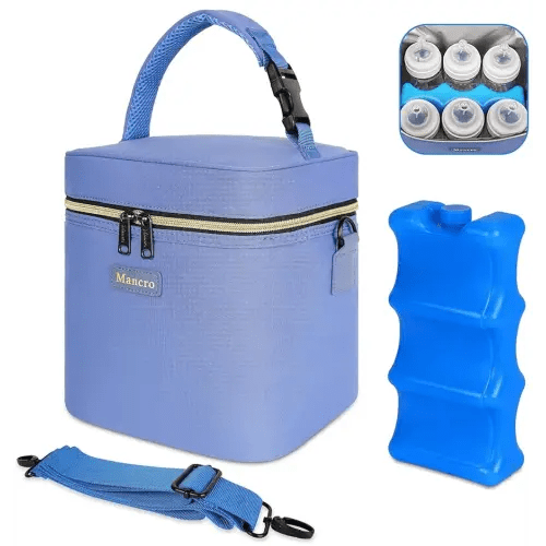 Mancro Breastmilk Cooler Bag with Ice Pack Fits 6 Baby Bottles Up to 9 Ounce, Insulated Baby Bottle Bag with Strap for Nursing Mom Daycare, Blue