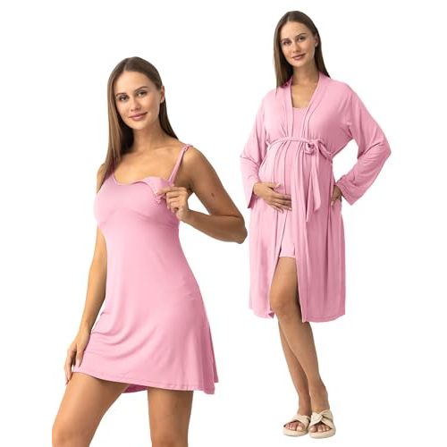 SUNNYBUY Women's Nursing Nightgown Maternity Robe Set, 3 in 1 Labor Delivery Breastfeeding Dress Postpartum Sleepwear