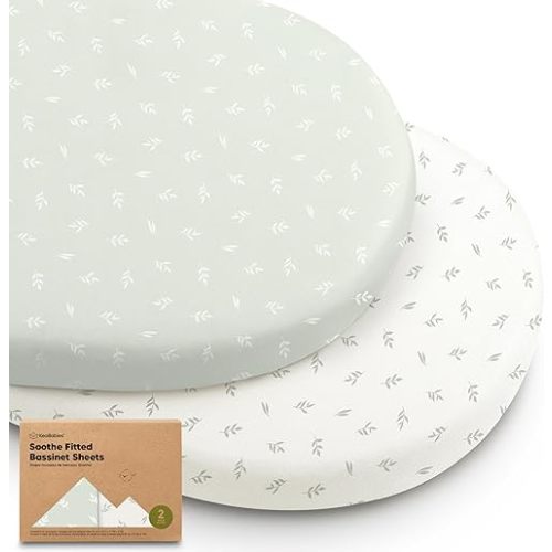 2-Pack Organic Bassinet Sheets for Girls, Boys - 100% Cotton Bassinet Mattress Sheets Compatible with Halo Bassinest Swivel Sleeper, Graco, Baby Delight, Chicco, Unisex Fitted Bassinet Sheets (Herb)