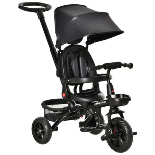 VYNXARIA Black 4-in-1 Kids' Tricycle: Reversible Seat, 2.8'-3.1' Push Handle, Canopy, Armrests, Belt, Storage Footrest, Brake & Clutch