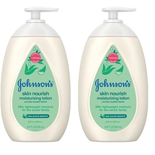 Johnson's Baby Skin Nourish Moisturizing Baby Lotion with Aloe Vera Scent & Vitamin E, Gentle & Lightweight Body Lotion for The Whole Family, Hypoallergenic, Dye-Free, 16.9 fl. oz (Pack of 2)
