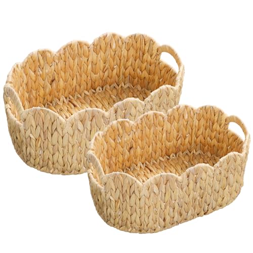 Coeusy Scalloped Basket,Water Hyacinth Basket for Organizing and Decor,Hand-Woven Rattan Baskets with Built-In Handles for Living Room,Bedroom,Laundry,2 Pack