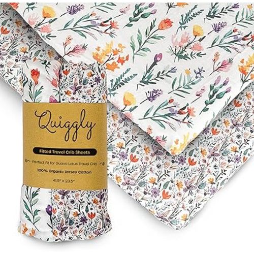 Quiggly Travel Crib Sheets for Guava Lotus, 2 Pack Organic Cotton Jersey Knit, Vibrant Floral Patterns - Fits Mattresses for Boys & Girls (Travel Crib, Wildflower Dreamin')