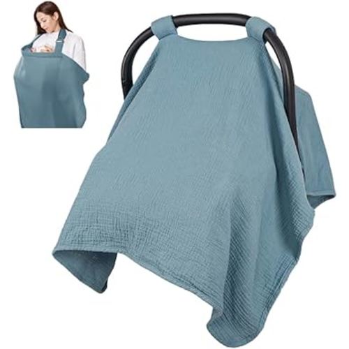 2 in 1 Muslin Infant Car Seat Cover, Multi-Purpose Breastfeeding Covers for Nursing, Breathable Carseat Cover for Baby Girls, Blue