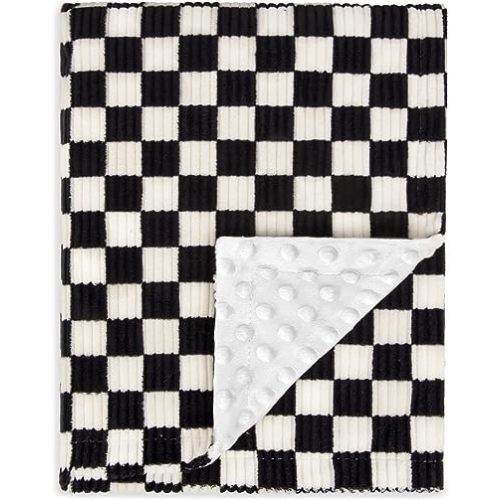 Baby Blanket for Boys Comfy Durable Corduroy Toddler Blanket with Double Layer Dotted Backing Checkerboard Grid Chessboard Gingham Warmer Bed Blankets for Newborn Infants Black, 30x40 Inches