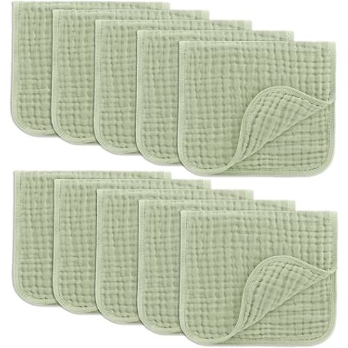 Comfy Cubs Muslin Burp Cloths 20" x 10", Pack of 10 - Large, 6-Layer, Ultra Absorbent 100% Cotton for Baby Drool and Messes - Soft, Safe & Gentle Baby Burp Cloths for Boys & Girls - Sage
