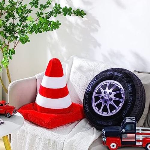 2 Pcs Racing Room Pillow Decorations Set 15.7 Inch Big Creative 3D Simulation Wheel Pillow Funny Traffic Cone Traffic Light and Stop Sign Plush Pillow Soft Car Tire Pillow for Kid Room (Traffic Cone)