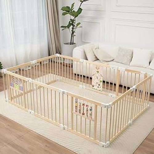 Foldable Wooden Baby Playpen Activity Center,Adjustable Size & Shape Portable Play Yard, Baby Fence Play Area with Gate for Indoor Use for Babies and Toddlers(84x56x24inches)