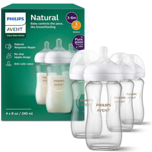 Philips Avent Natural Glass Baby Bottles with Natural Response Nipples (Medium Flow, Flow 3), 8oz, 4-Pack, SCY913/04