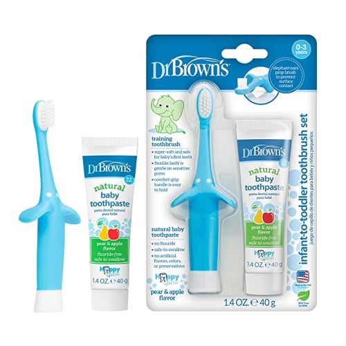 Dr. Brown's Infant-to-Toddler Training Toothbrush Set with Pear & Apple Fluoride-Free Toothpaste 1.4 oz, Soft for Baby's First Teeth, Blue Elephant, BPA Free, 0-3 Years - Elephant, Blue
