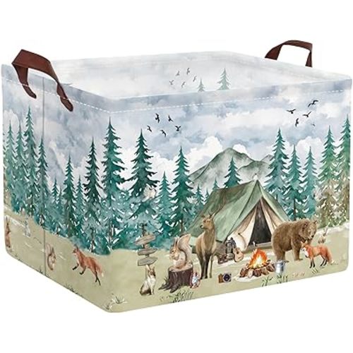 36L Large Camping Storage Basket Woodland Nursery Decor Basket Rectangle Animals Basket with Handle Canvas Collapsible Toy Organizer Bin Towel Clothes Tool Toy Book Shelf Basket Baby Camper Trip Gift