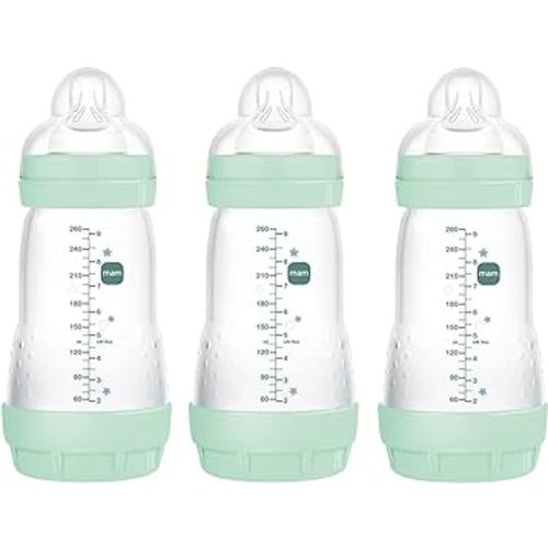 MAM Easy Start Anti-Colic Bottle 9 oz (3-Count), Baby Essentials, Medium Flow Bottles with Silicone Nipple, Baby Bottles for Baby Boy, Blue