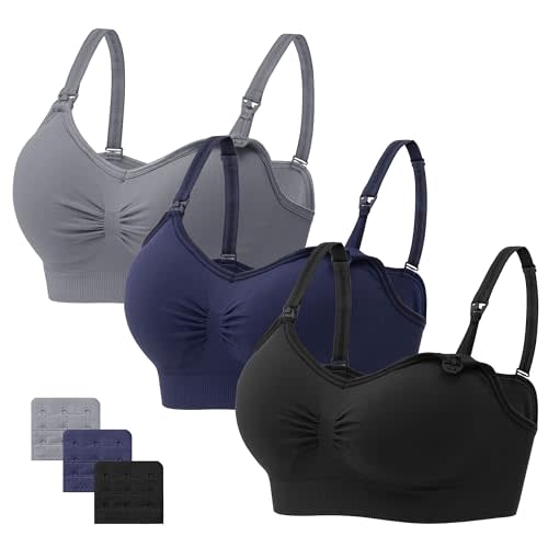 Angelhood Womens Seamless Sleep Nursing Bra,Breastfeeding Maternity Bra with Remove Bra Pads Extenders Pack of 3