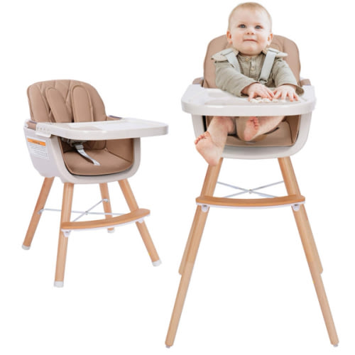 Mallify 3-in-1 Convertible Wooden High Chair, High Chairs for Babies and Toddlers, Baby High Chair with Adjustable Legs & Dishwasher Safe Tray, Made of Sleek Hardwood & Premium Leatherette, Brown