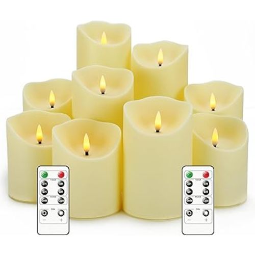 Flameless Candles with Remote, Battery Operated Flickering Flameless Candles, LED Candles with Timer 2/4/6/8H, with Realistic LED Candles Set of 9 (D3 x H 3" 4" 5" 6" 7") (Ivory)