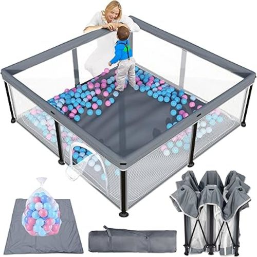 TOREVSIOR Foldable Baby Playpen with Mat, 50"×50" Foldable Playpen for Babies and Toddlers, Indoor & Outdoor Kids Safety Play Pen, Portable Play Yard, Foldable Baby Playpen with 50 Ocean Balls