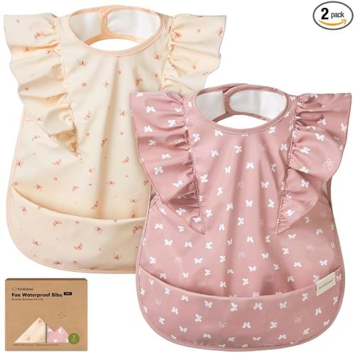 KeaBabies Waterproof Bibs for Baby Girl,Boy – 2-Pack Lightweight, Large Baby Bibs for Eating, Wearable Food Catcher, 6-12 Months Infant Feeding Essentials, Smock for Toddlers 1-3, Kids (Butterflies)