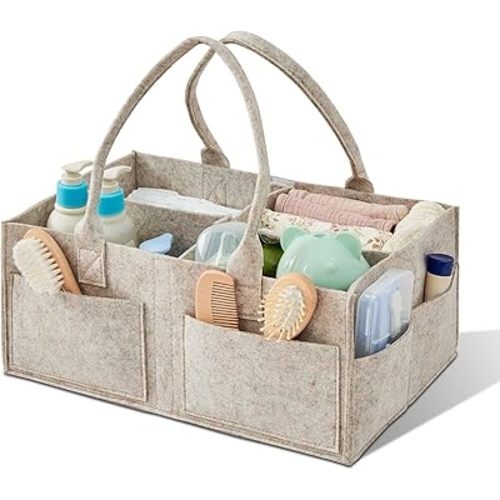 Upgraded Baby Diaper Caddy Organizer, Portable Nursery Storage Bin with Handle, Side Pockets Car Organizer for Diapers and Baby Wipes Essentials, Registry Gift Baskets (1Pcs-Large-Oatmeal)