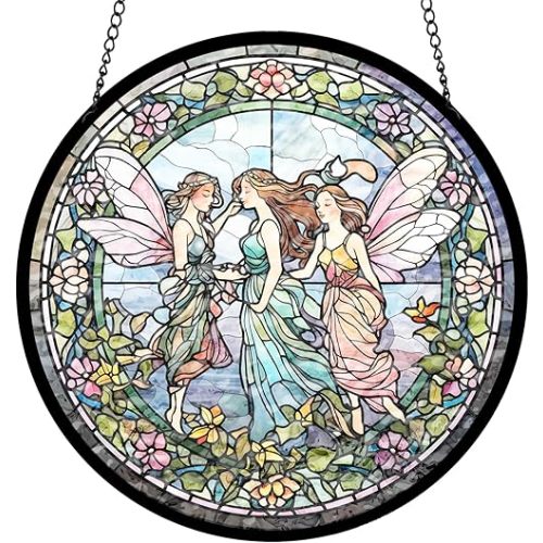 Flower Fairies Stained Glass Window Hanging, Flower Fairy in Wonderland Sun Catcher Spring Summer Garden Decor Gift for Girls, Mom, Grandma (C, 8"/20cm)