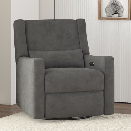 Baby Relax Otto 4-in-1 Nursery Swivel Glider Rocker Power Recliner with USB Ports, Gray Velvet