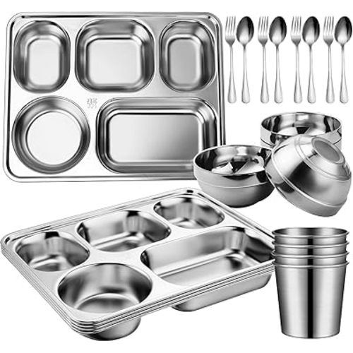 20 Pcs Stainless Steel Dinnerware Set, Including Stainless Steel Rectangular Divided Dinner Tray Spoons and Forks Set Silver Stainless Steel Cups and Stainless Steel Bowl for Home Kitchen Restaurant
