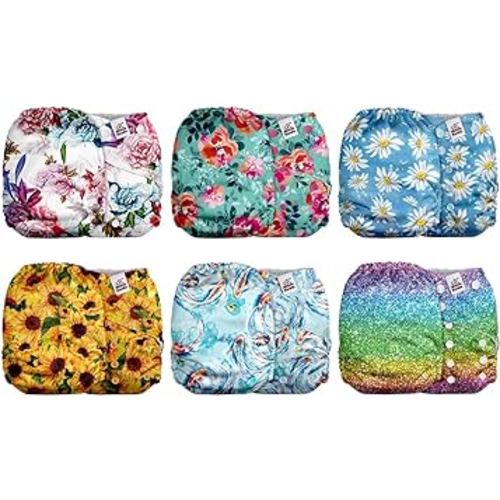 Mama Koala 2.0 Cloth Diapers for Babies with Suede Cloth Lining, 6 Pack with 6 Bamboo Cloth Diaper Inserts - Reusable and Washable Pocket Diapers (Gorgeous As You)