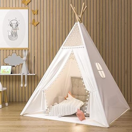 Gamenote Teepee Tent for Kids Indoor Tents with Mat, Inner Pocket, Unique Reinforcement Part - Foldable Kids Play Tent Canvas Tipi Childrens Tents for Girls & Boys (White)