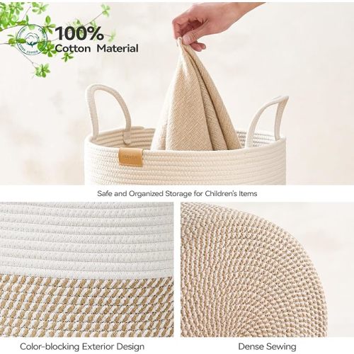 95L Laundry Hamper Basket,Baby Nursery Woven Storage Basket for Toys Bin,Pillows,Blankets,Clothes,Brown&White