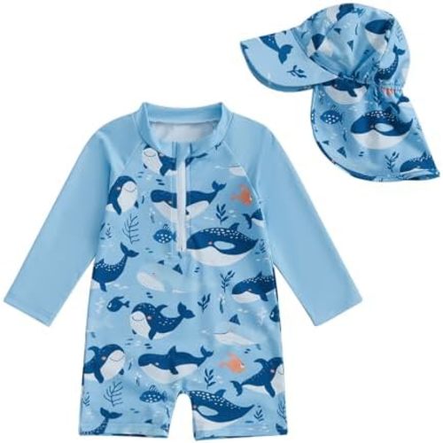 Engofs Toddler Baby Boy Girl Swimsuit One Piece Rash Guard Bathing Suit Beach Swimwear with Hat