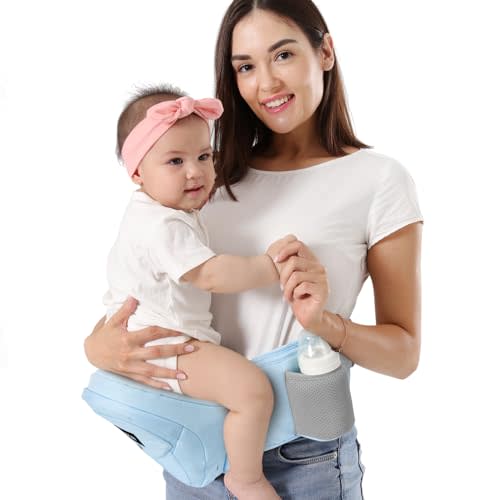 HKAI Baby Hip Carrier, Mom's Choice Award Winner, Adjustable Waistband & Breathable Mesh, Ergonomic Carrier with Non-Slip Hip Seat Surface for Newborns & Toddlers, Light Blue