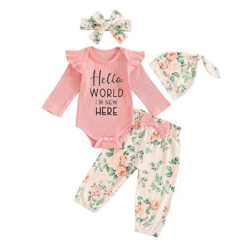 Adobabirl Newborn Baby Girl Clothes Short Sleeve Ribbed Romper Onesie Bowknot Floral Pants Headband 3Pcs Clothing Set