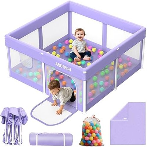 Baby Playpen with Mat 50" x 50" - Foldable Play Pens for Babies and Toddlers Indoor Safety Baby Fence with Soft Breathable Mesh - All-Wrapped Sturdy Play Yard with 30 Ocean Balls & Bag