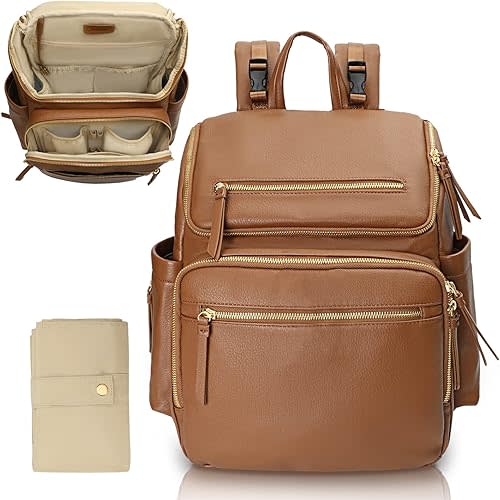 Diaper Bag Backpack Baby Diaper Bag Leather with 17 Diaper Bag Organizing Pouches,Changing Pad,Stroller Straps,4 Insulated Pockets,Brown