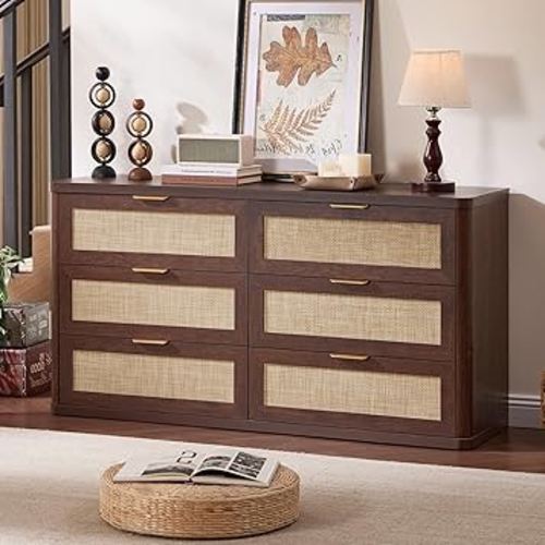 LEYAOYAO Rattan 6 Drawer Dresser for Bedroom, 54" Wide Boho Chest of Drawers, Wooden Dressers TV Stand with Metal Handle, Storage Closet Organizer for Living Room, Hallway, Walnut