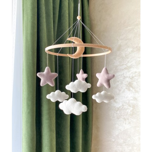Baby Mobile with Clouds Stars and Moon, Neutral Baby Mobile for Nursery
