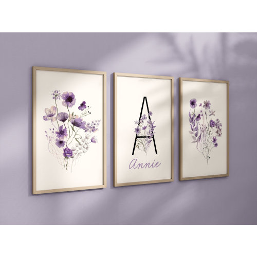Personalized Set of 3 Purple Boho Wildflowers Floral Art Prints, Wall Art, Bloom Bouquet, Nursery Decor, Play Room, Girl Baby Room Ideas 129