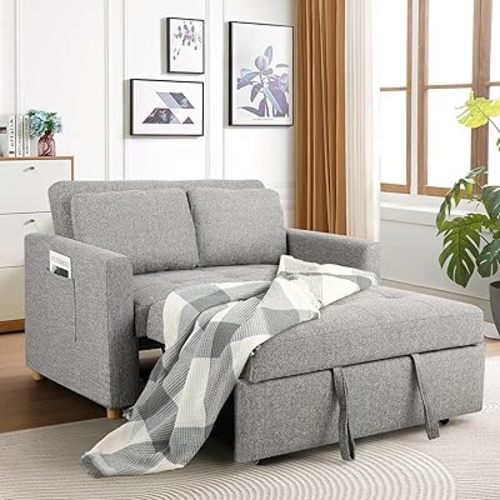 SEJOV Convertible Sofa Bed, 3-in-1 Sleeper Sofa Pull Out Couch Bed, 2-Seater Linen Fabric Loveseat Futon Sofa with Spring Support, Adjustable Backrest for Small Spaces, Living Room, Grey
