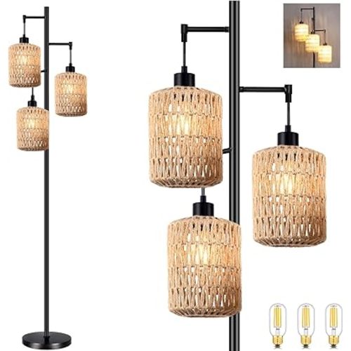 Floor Lamp for Living Room,Bedroom,3-Lights Boho Rattan Tree Floor Lights,Industrial Black Farmhouse Standing Lamp Wicker Rustic Tall Lamp,Woven Bamboo LampShade Floor Lamps Bohemian